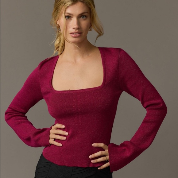 Maeve Sweaters - NWT Maeve by Anthropologie Raspberry Square-Neck Bell-Sleeve Sweater Sz M